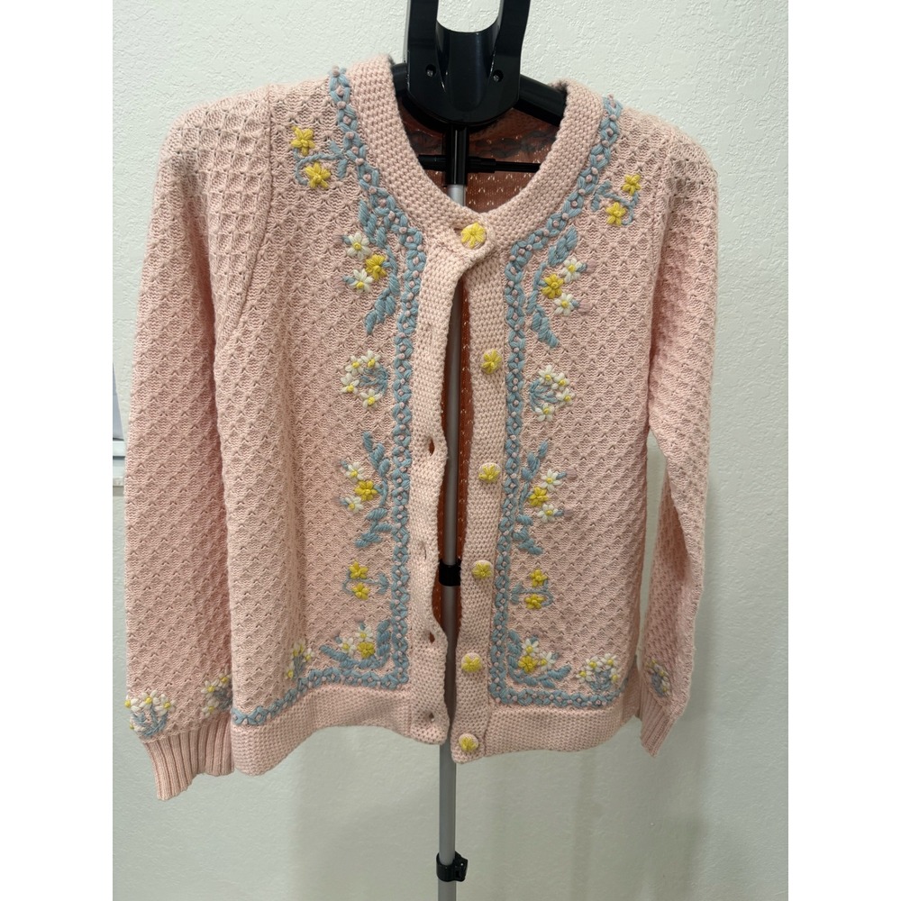 LoveShackFancy Nan Pearl Blush Floral Embroidered Pointelle Knit Cardigan Women